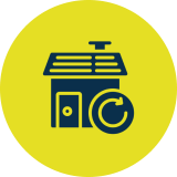 House with circular arrow symbol, yellow background.
